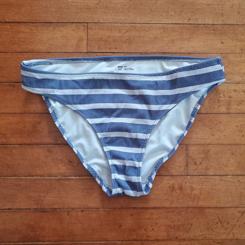 Aerie Blue Stripe Ribbed Bikini Bottom Swim